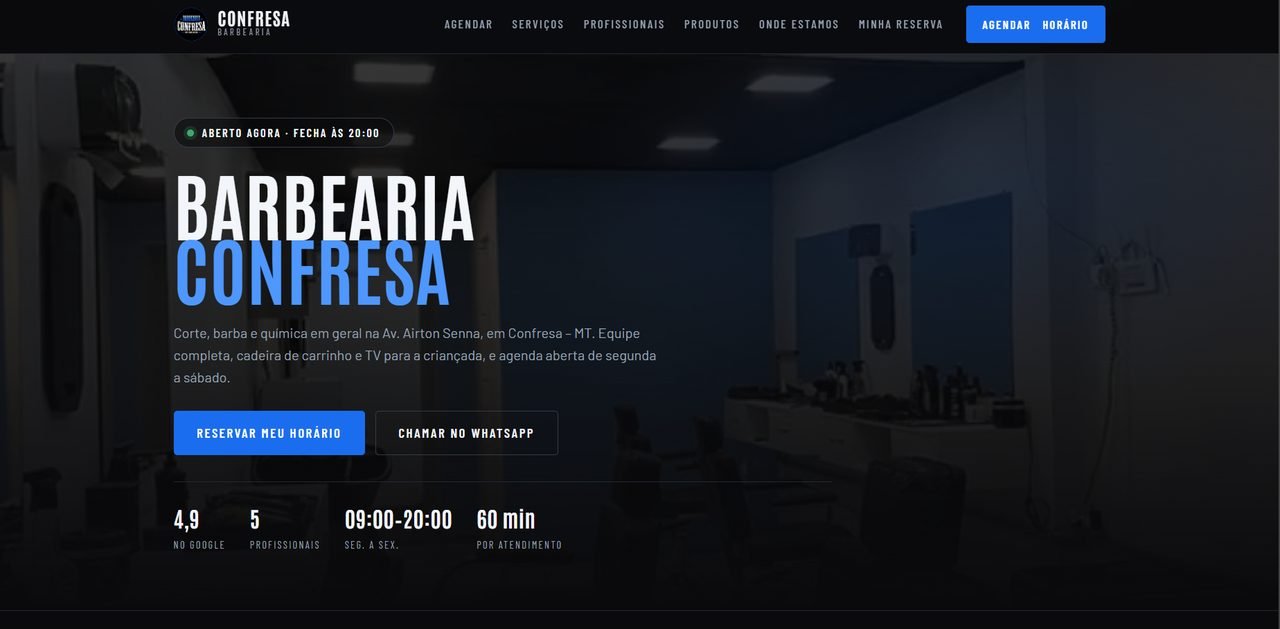 Página inicial do site da Barbearia Confresa, com foto do salão ao fundo e botão de reserva de horário