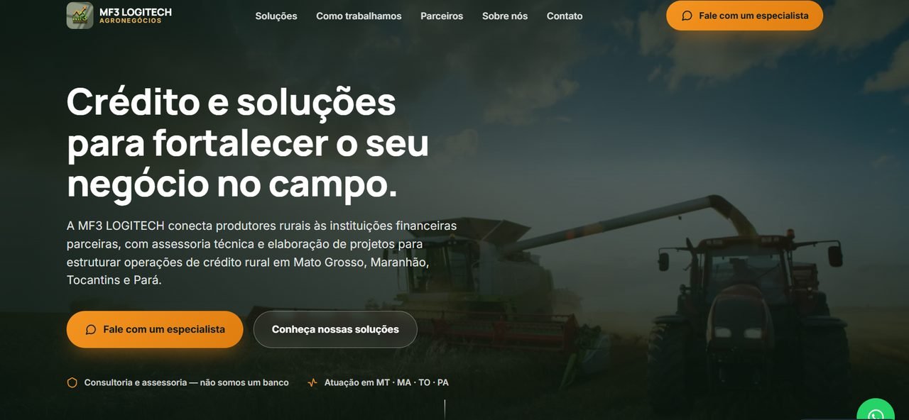 Página inicial do site da MF3 Logitech Agronegócios, com imagem de colheitadeira e chamada sobre crédito rural
